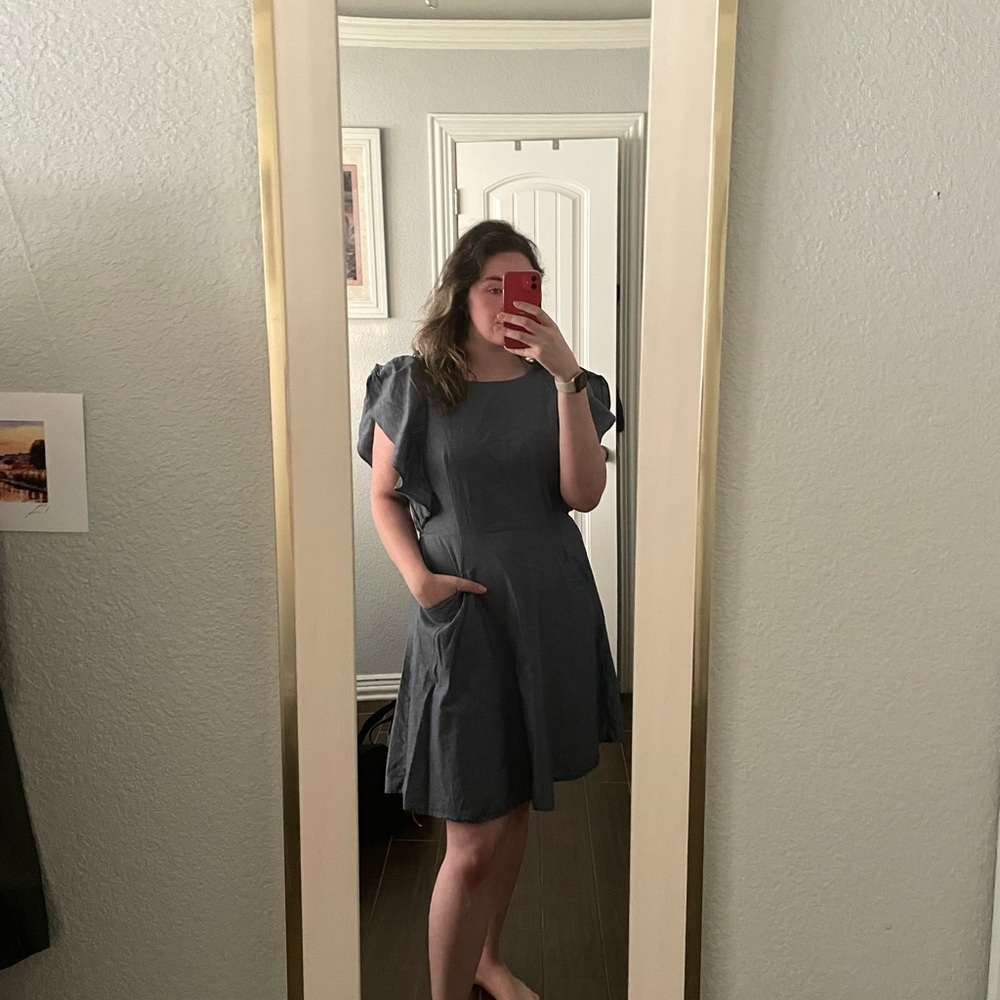 Ruffle sleeve full skirt dress with pockets